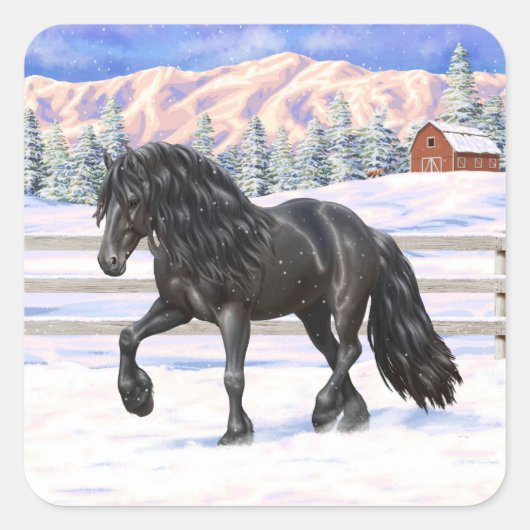 Black Friesian Draft Horse in Snow Vierkante Sticker (Voorkant)