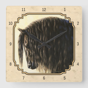 Black Friesian Horse beige Vierkante Klok
