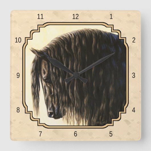 Black Friesian Horse beige Vierkante Klok (Voorkant)