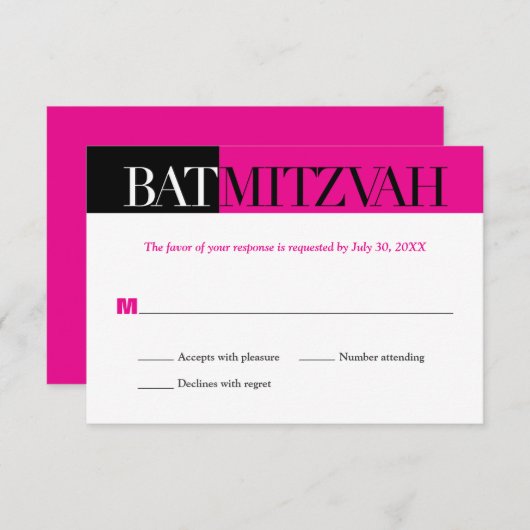 Black Fuchsia Block Bat Mitzvah Reply RSVP (Voorkant / Achterkant)