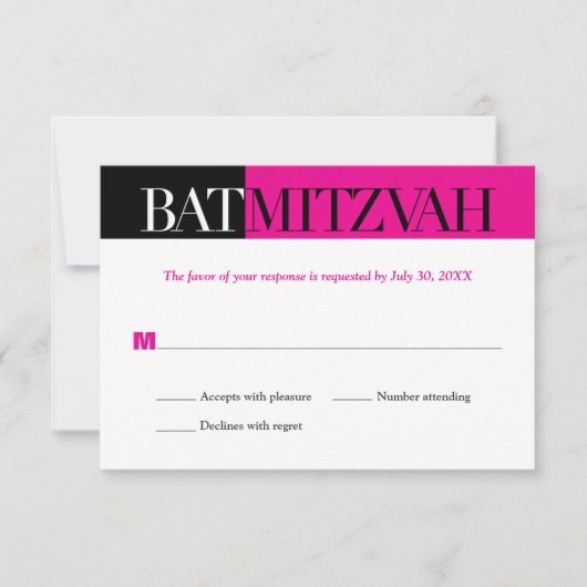 Black Fuchsia Block Bat Mitzvah Reply RSVP Kaartje (Voorkant)