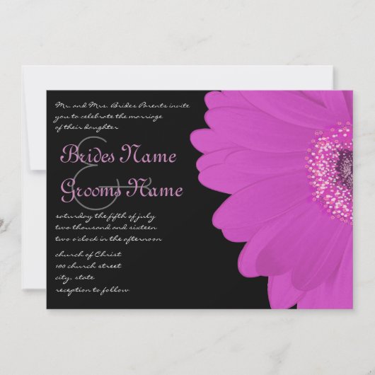 Black & Fuchsia Gerber Daisy Wedding Invitation Kaart (Voorkant)