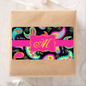 Black Fuchsia Pink Modern Paisley Monogram Etiket (Insitu)