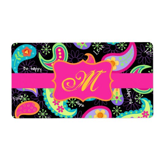 Black Fuchsia Pink Modern Paisley Monogram Etiket (Voorkant)