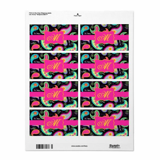 Black Fuchsia Pink Modern Paisley Monogram Etiket (Full Sheet)