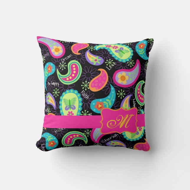 Black Fuchsia Pink Modern Paisley Monogram Kussen (Voorkant)