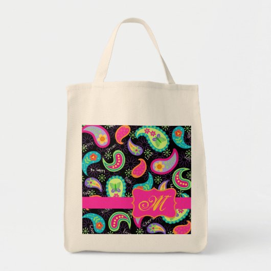Black Fuchsia Pink Modern Paisley Monogram Tote Bag (Voorkant)