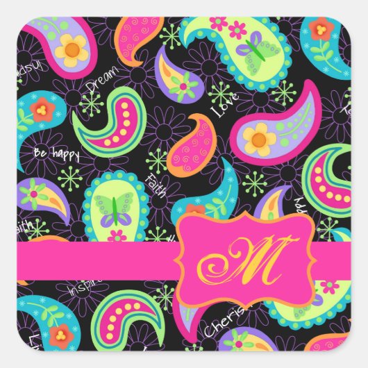 Black Fuchsia Pink Modern Paisley Monogram Vierkante Sticker (Voorkant)