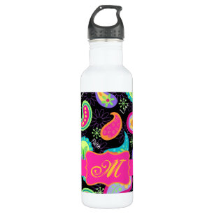 Black Fuchsia Pink Modern Paisley Monogram Waterfles