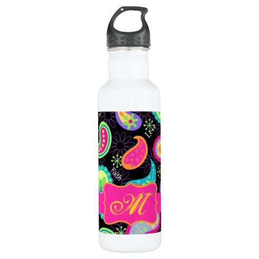 Black Fuchsia Pink Modern Paisley Monogram Waterfles (Voorkant)