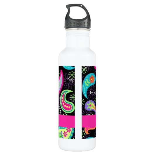 Black Fuchsia Pink Modern Paisley Monogram Waterfles (Achterkant)