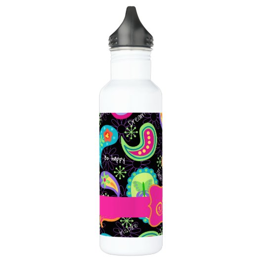 Black Fuchsia Pink Modern Paisley Monogram Waterfles (Links)