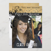 Black Funky Elegant Swirls Afstuderen Invite Kaart (Voorkant / Achterkant)