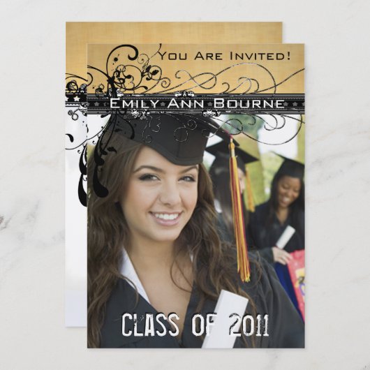 Black Funky Elegant Swirls Afstuderen Invite Kaart (Voorkant / Achterkant)