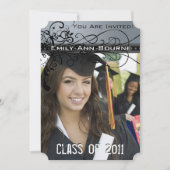 Black Funky Elegant Swirls Afstuderen Invite Kaart (Voorkant)