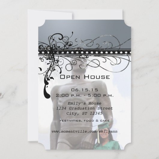 Black Funky Elegant Swirls Afstuderen Invite Kaart (Achterkant)