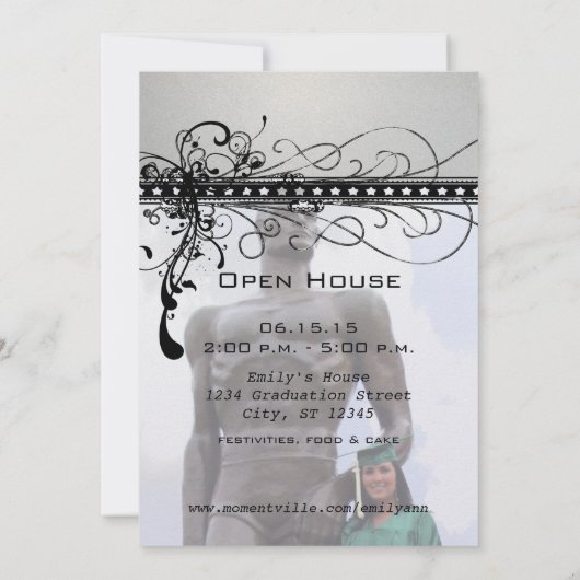 Black Funky Elegant Swirls Afstuderen Invite Kaart (Achterkant)