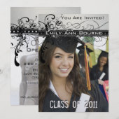 Black Funky Elegant Swirls Afstuderen Invite Kaart (Voorkant / Achterkant)