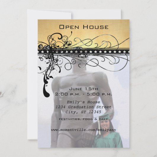 Black Funky Elegant Swirls Afstuderen Invite Kaart (Achterkant)