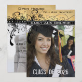 Black Funky Elegant Swirls Afstuderen Invite Kaart (Voorkant / Achterkant)