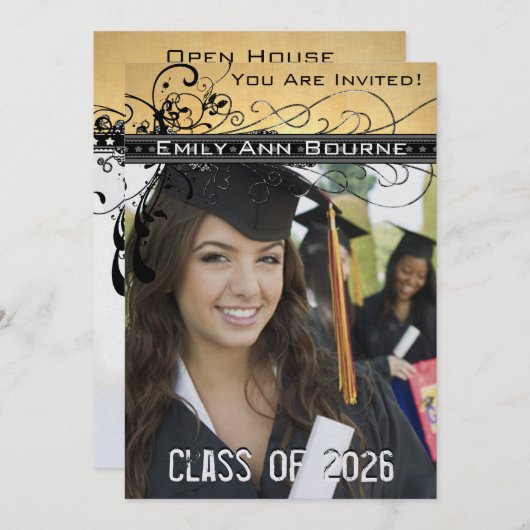Black Funky Elegant Swirls Afstuderen Invite Kaart (Voorkant / Achterkant)