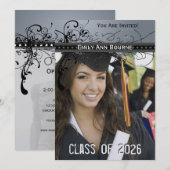 Black Funky Elegant Swirls Afstuderen Invite Kaart (Voorkant / Achterkant)