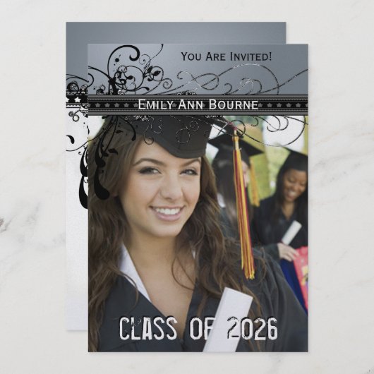 Black Funky Elegant Swirls Afstuderen Invite Kaart (Voorkant / Achterkant)