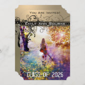 Black Funky Elegant Swirls Afstuderen Invite Kaart (Voorkant / Achterkant)