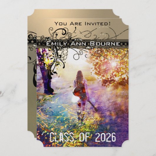 Black Funky Elegant Swirls Afstuderen Invite Kaart (Voorkant / Achterkant)