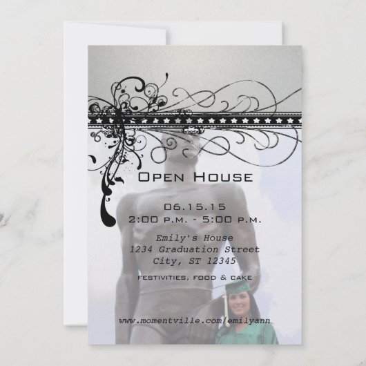 Black Funky Elegant Swirls Afstuderen Invite Kaart (Achterkant)