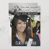 Black Funky Elegant Swirls Afstuderen Invite Kaart (Voorkant / Achterkant)