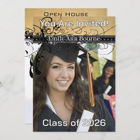 Black Funky Elegant Swirls-Change to Current Year Kaart (Voorkant / Achterkant)