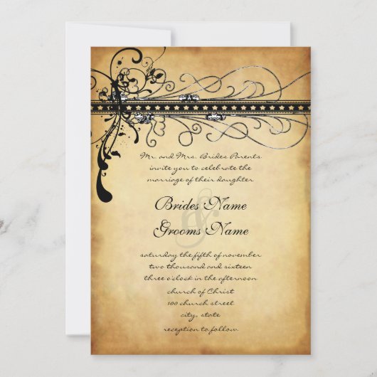 Black Funky Elegant Swirls Wedding Invitations Kaart (Voorkant)