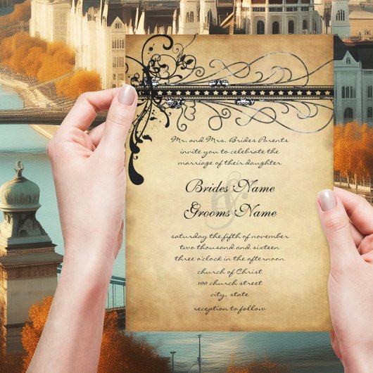 Black Funky Elegant Swirls Wedding Invitations Kaart