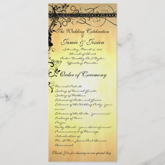 Black Funky Elegant Swirls Wedding Programme Programmakaart (Voorkant)