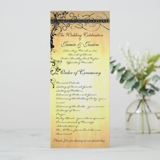 Black Funky Elegant Swirls Wedding Programme Programmakaart (Staand voorkant)