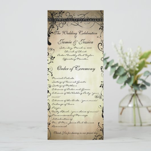 Black Funky Elegant Swirls Wedding Programme Programmakaart (Staand voorkant)