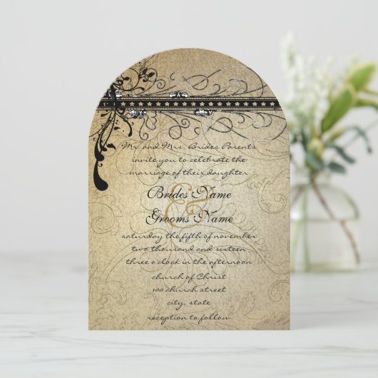 Black Funky Elegant Swirls Wedding RSVP Kaart (Staand voorkant)