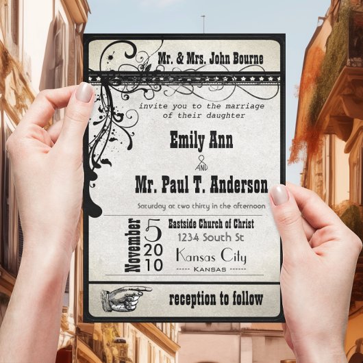Black Funky Playbill Ticket Wedding Invitations Kaart