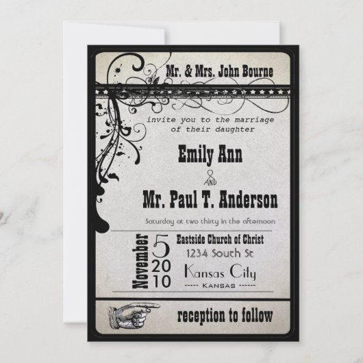 Black Funky Playbill Ticket Wedding Invitations Kaart (Voorkant)
