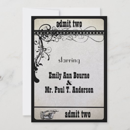 Black Funky Playbill Ticket Wedding Invitations Kaart (Achterkant)