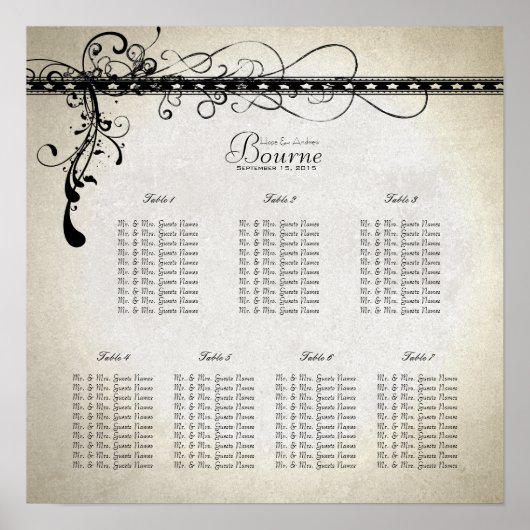 Black Funky Stone Lights & Swirls Seating Chart Poster (Voorkant)