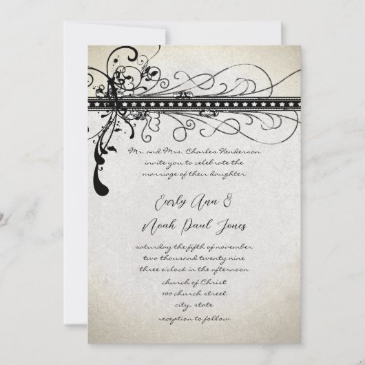 Black Funky Textured Elegant Swirls Invitting Kaart (Voorkant)