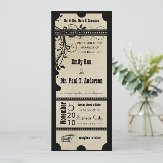 Black Funky Textured Playbill Swirls Wedding Kaart (Staand voorkant)