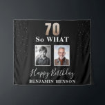 Black Funny 70 So What 70th Birthday 2 Foto Wandkleed<br><div class="desc">Black Funny 70 So What 70th Birthday 2 Foto Tapestry Achtergrond. 70 Wat een grappig citaat. Personaliseer met jouw naam en 2 foto's - voeg voor en nu foto's toe. Geweldig voor hem of haar die de zeventigste verjaardag viert en een gevoel van humor heeft.</div>