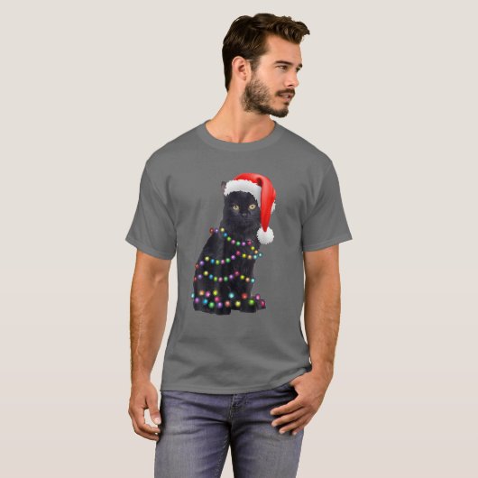 Black Funny Cat Kerstmis Light Cat Lover Christma T-shirt (Voorkant volledig)