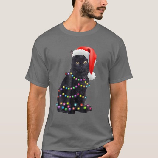 Black Funny Cat Kerstmis Light Cat Lover Christma T-shirt (Voorkant)