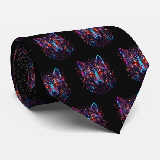 Black Futuristic Neon Wolf Stropdas (Opgerold)