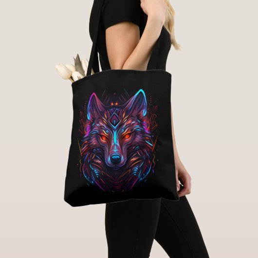 Black Futuristic Neon Wolf Tote Bag (Dichtbij)