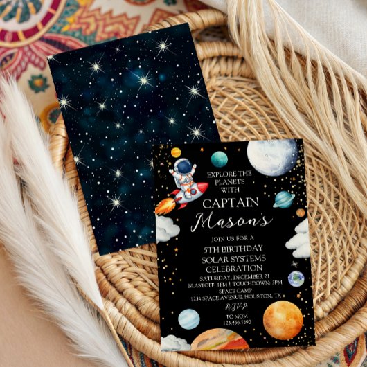 Black Galaxy Captain Rocket Adventure Kids Bday Kaart